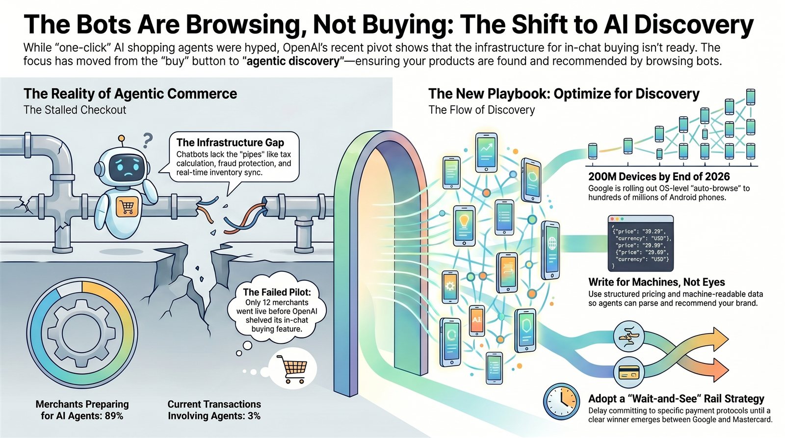 The Bots Are Browsing, Not Buying: the shift to AI discovery. OpenAI shelved in-chat checkout after only 12 merchants went live; 89 percent of merchants are preparing for AI agents while just 3 percent of transactions involve them; Google is rolling out OS-level auto-browse to 200M Android devices by end of 2026; the new playbook is structured, machine-readable pricing and a wait-and-see payment-rail strategy.